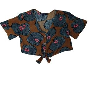 ONE CLOTHING Women's XS Brown Floral Print‎ Tie Front Flutter Sleeve Crop Top
